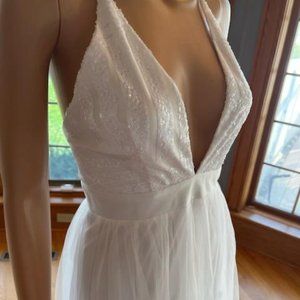 *Luxxel White Beaded Spaghetti Strap Deep V Wedding Dress Bridal Gown Size S 4